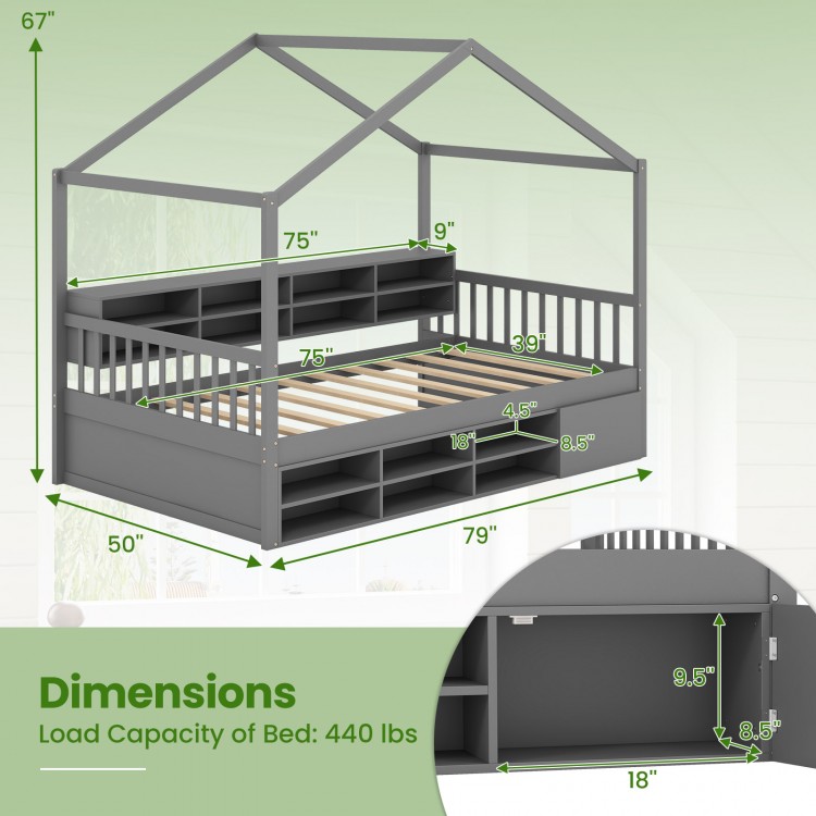 Twin Size House Bed with Roof with 14 Storage Cubes and Enclosed Cabinet