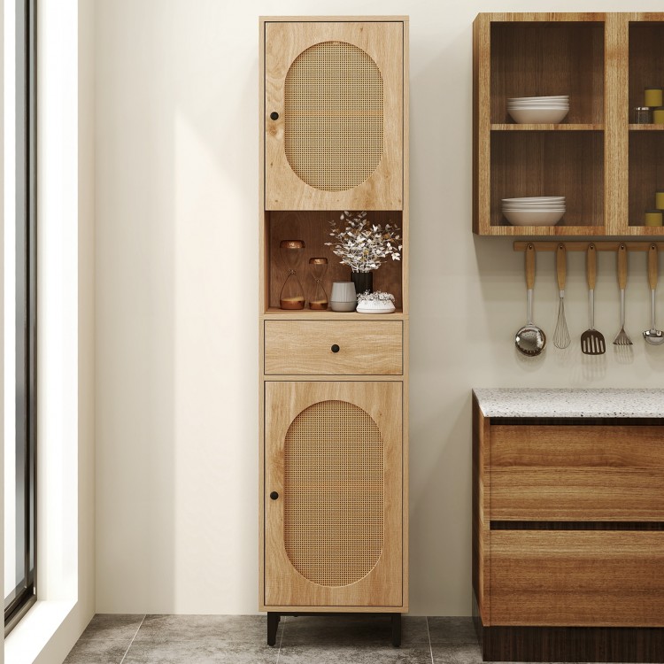 67 Inch Tall Bathroom Cabinet PE Rattan Floor Cabinet with 2 Doors
