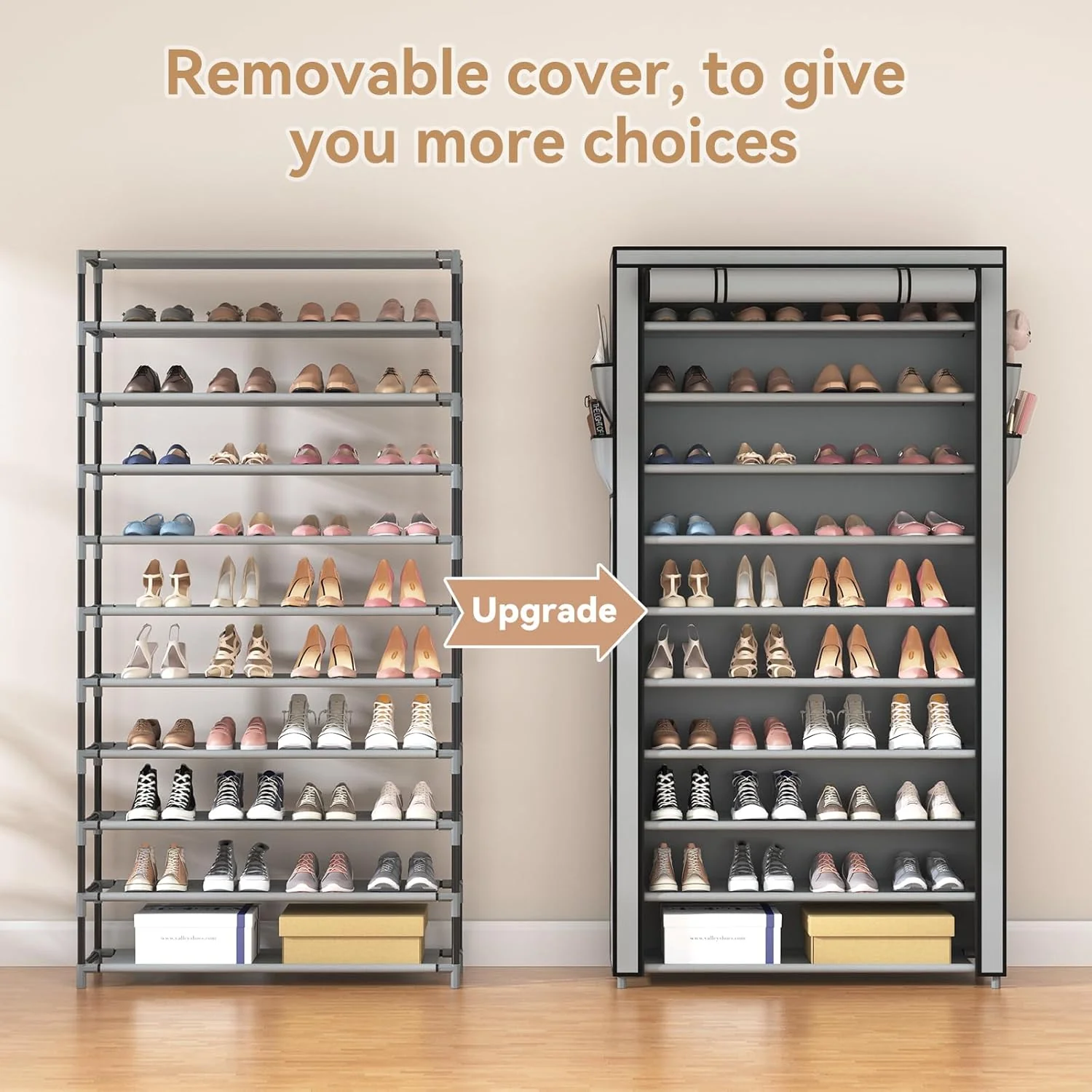 ROJASOP 10 Tier Shoe Rack with Covers,Large Capacity Stackable Tall Shoe Shelf Storage to 50-55 Pairs Shoes and Boots Sturdy Metal Free Standing Shoe Rack Organizer for Closet Entryway Garage