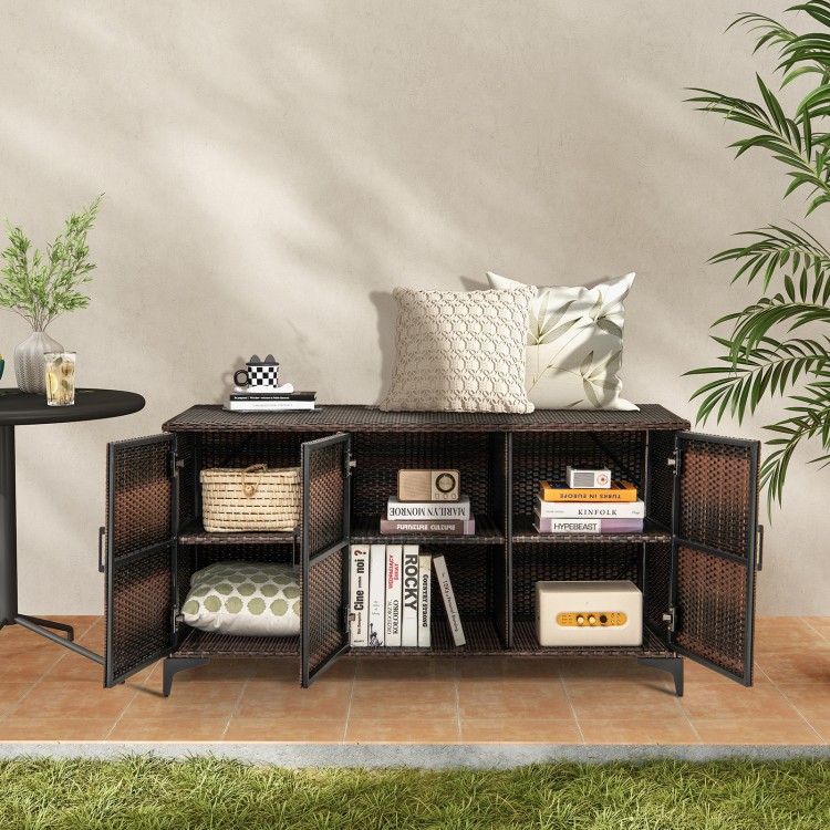 84 Gallon Patio Wicker Deck Box 3-Door PE Rattan Storage Container with Removable Shelves