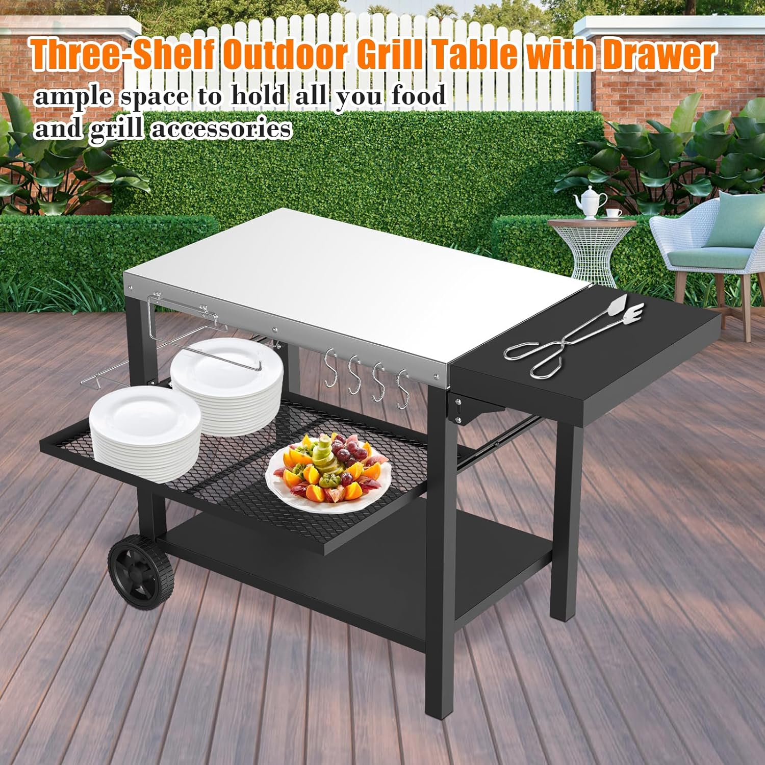 Stainless Steel Outdoor Grill Cart with Three Shelves, Drawer & Foldable Side Table