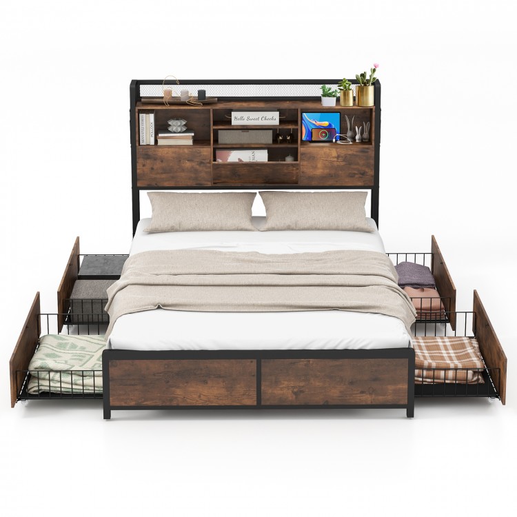 Full/Queen Size Bed Frame with Bookcase Headboard and 4 Storage Drawers