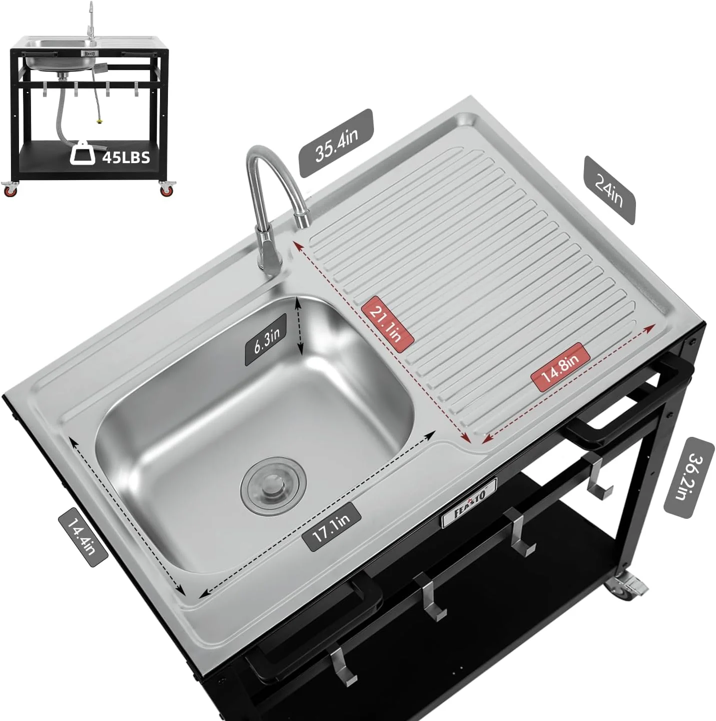 KT2435B Modular Outdoor Kitchen Sink Station – 304 Stainless Steel Freestanding Utility Sink with Faucet & Storage Shelf