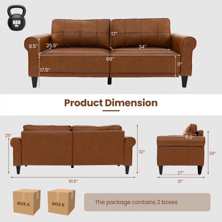PU Leather Modern 3-Seater Sofa Couch with 2 Detachable Back Pillows