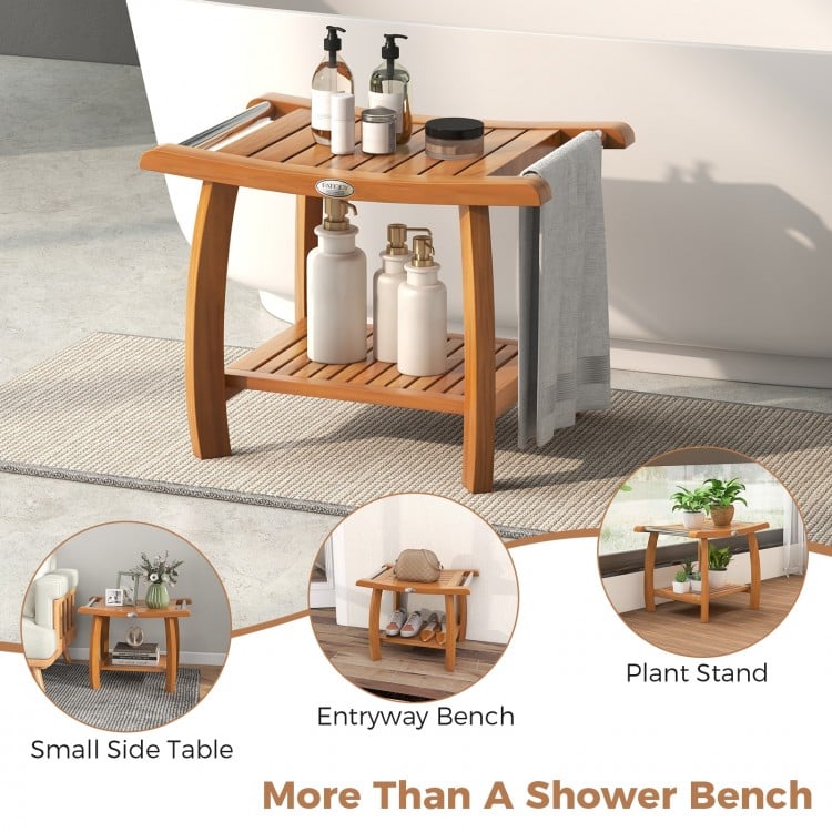 2-Tier Teak Wood Shower Bench Shower Stool with Curved Seat and Handles