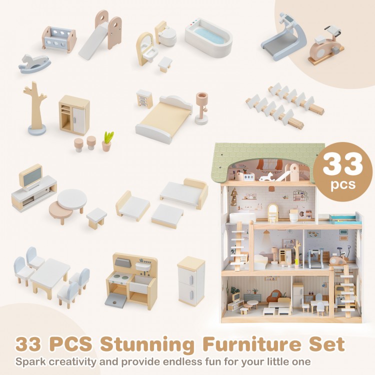Wooden Dollhouse Kids DIY Pretend Playhouse with 33 PCS Furniture Accessories