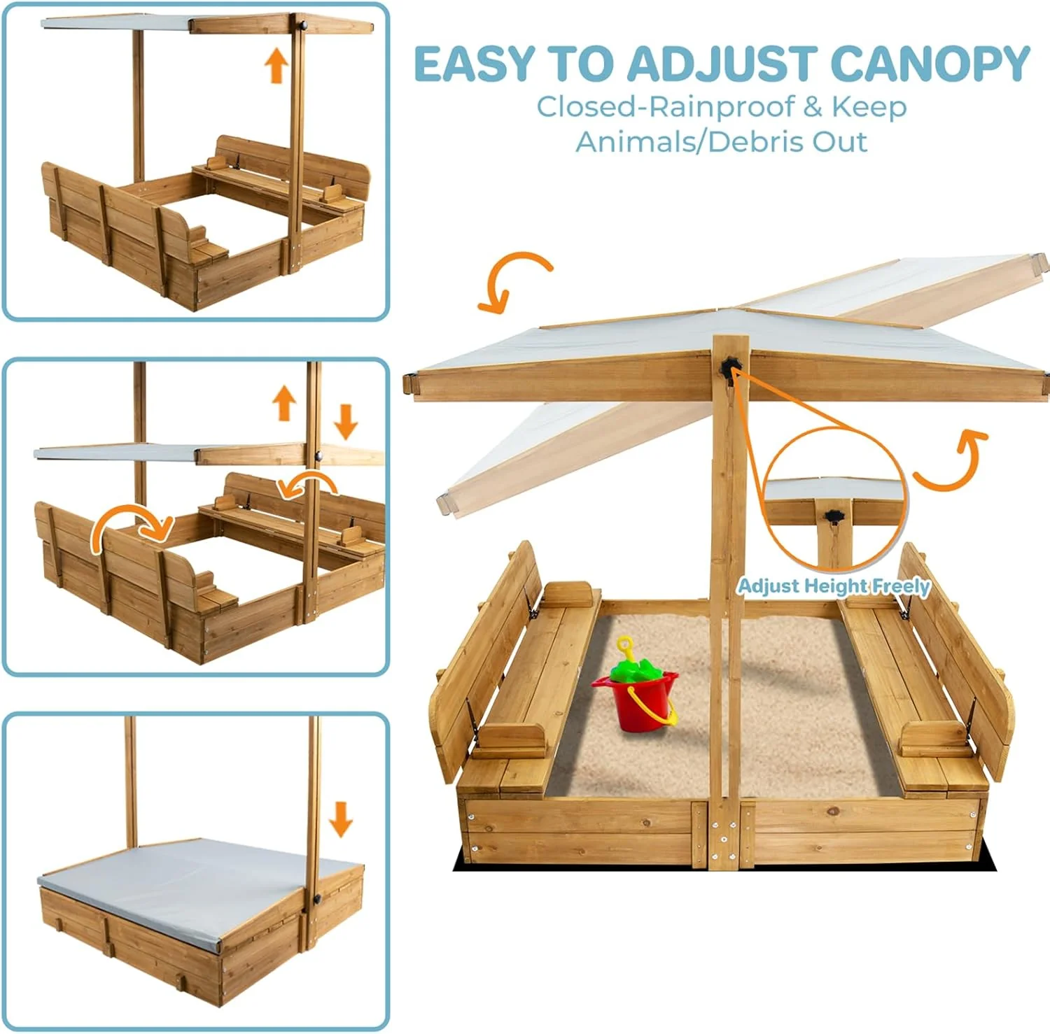 Kids Sandbox with Lid, Wooden Sand Box with Cover Outdoor, UV-Protection & Natural Wood, Foldable Bench Seat, Adjustable Canopy, Sand Box for Kids Ages 2-8（47x47in）