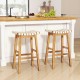 Faux PU Leather Bar Stools Set of 2 with Woven Curved Seat Natural