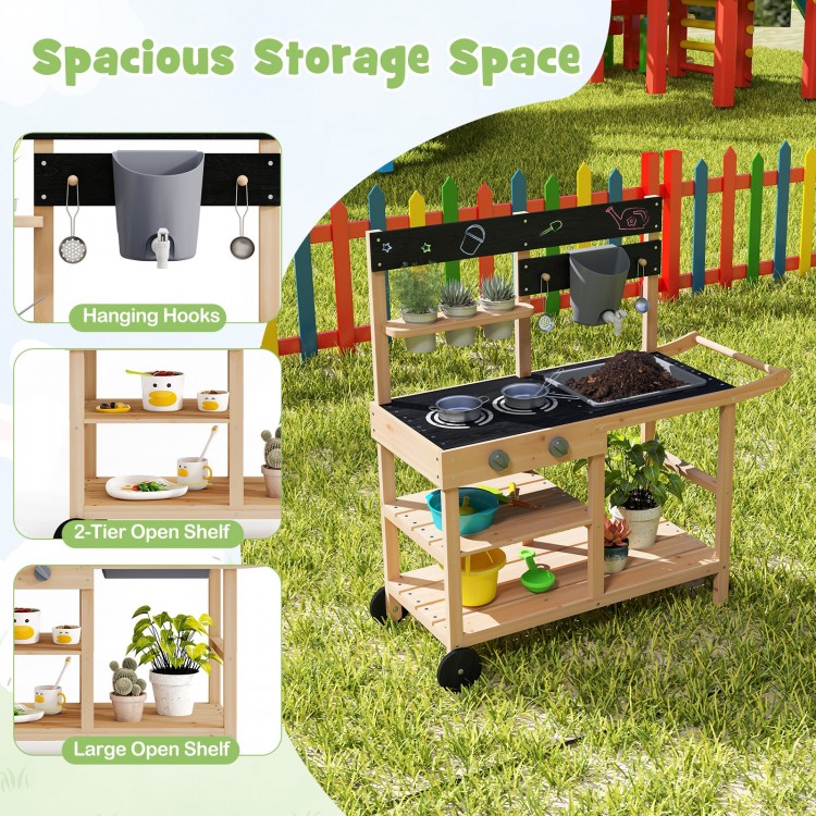 Outdoor Fir Wood Play Kitchen with Blackboard and Planting Pots
