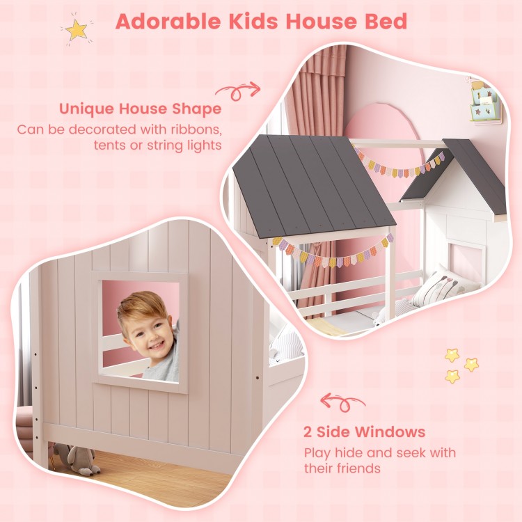 Twin Size Kids House Bed Low Loft Bed Frame with Roof