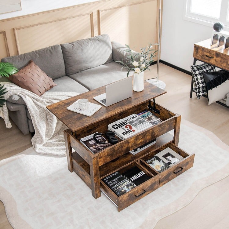 Lift Top Coffee Table with 2 Storage Drawers and Hidden Compartment