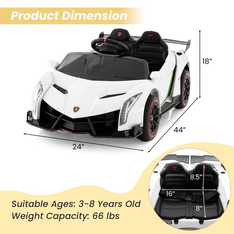 Lamborghini Licensed Kids Ride On 4WD Sports Car, 12V Battery Electric Vehicle Toy with Remote Control, 3 Speeds, Hydraulic Doors