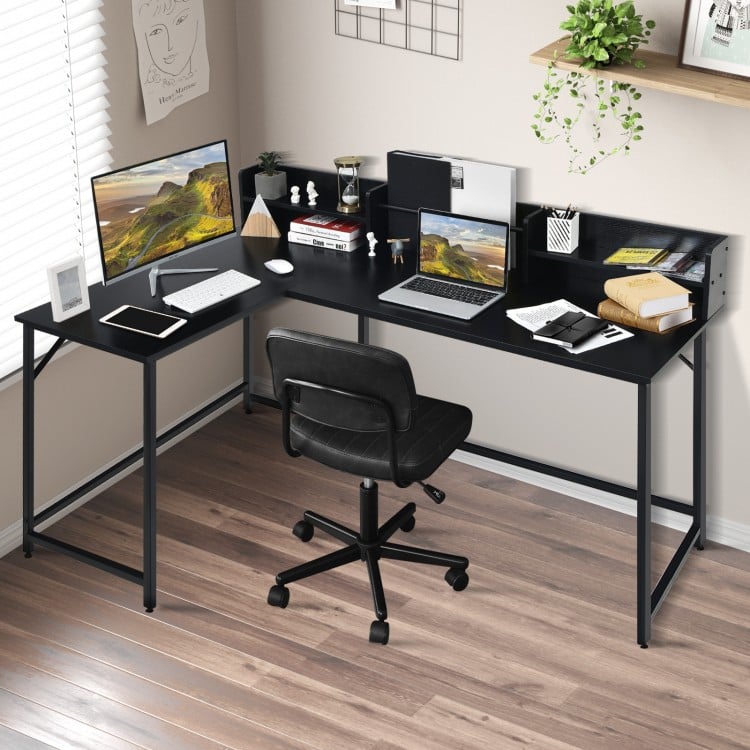 L-Shaped Computer Desk with File Rack and 2 Shelves