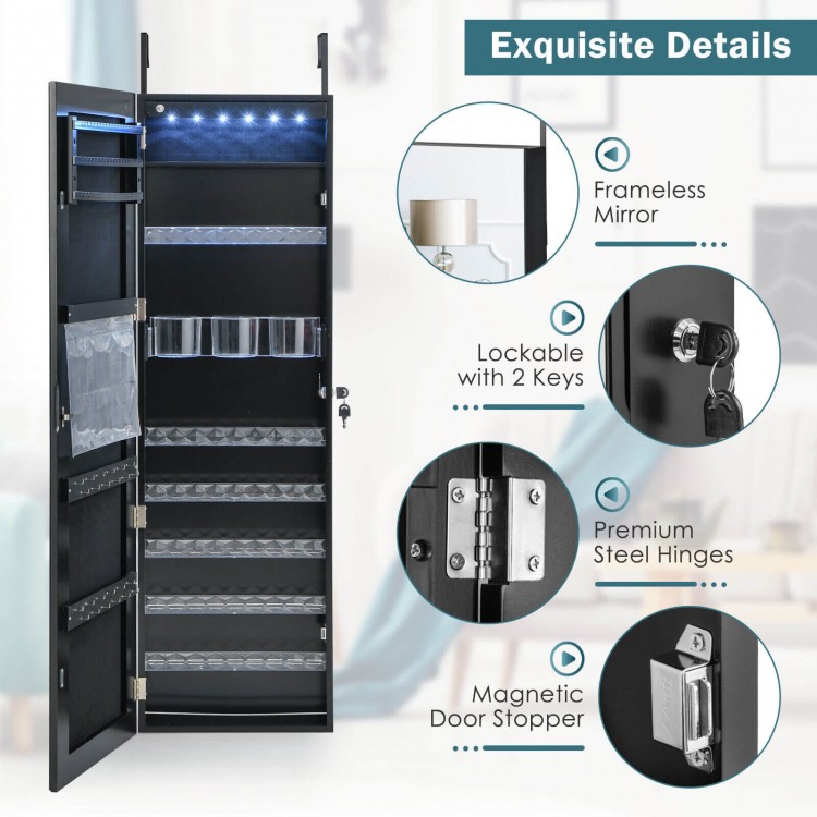 Wall Door Mounted Jewelry Armoire with Frameless LED Mirror