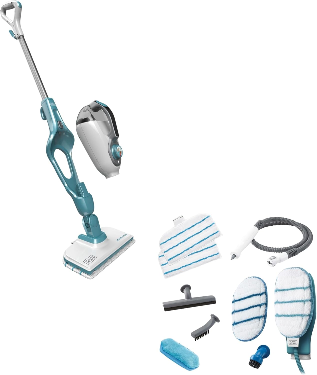 BLACK+DECKER 15-i-1 dampkost damp-mop (med damphandske til overfladerensning, AutoSelect for korrekt mængde damp, 180° drejelig rengøringsfod, inkl. 15 stk. tilbehør)