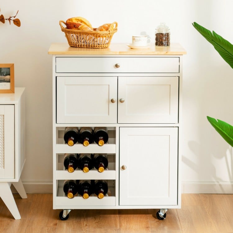 Kitchen Cart with Rubber Wood Top 3 Tier Wine Racks 2 Cabinets