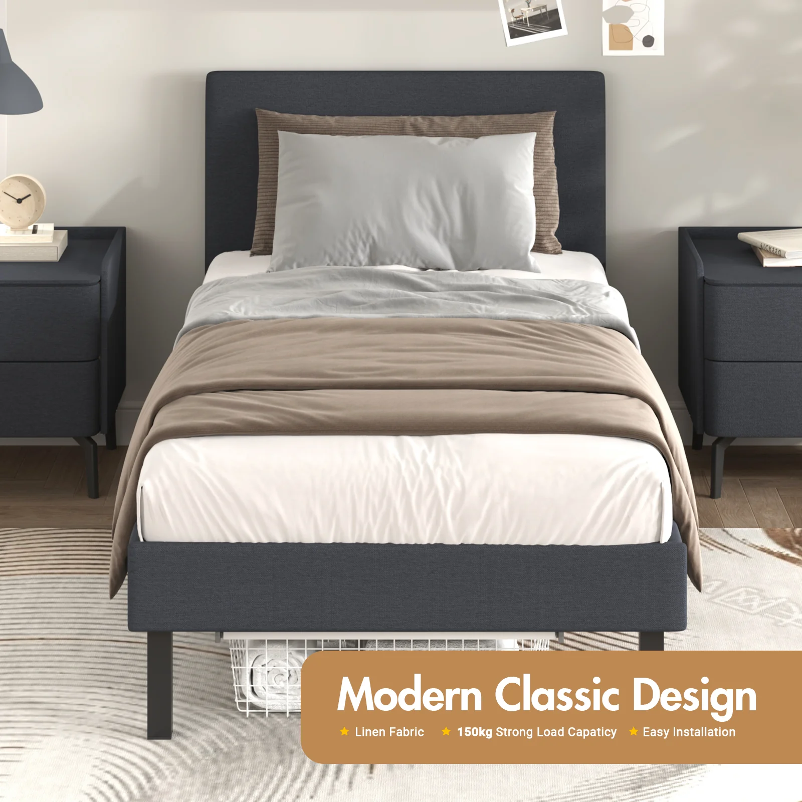 Bed Frame Single Size Mattress Base Upholstered