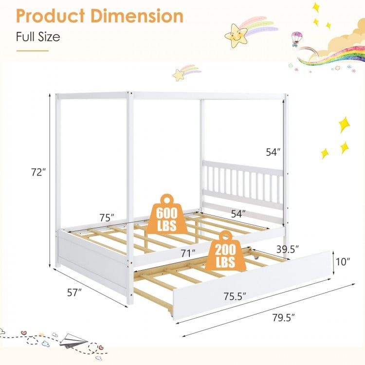 Full Size Canopy Bed Frame with Trundle and Headboard for Kids