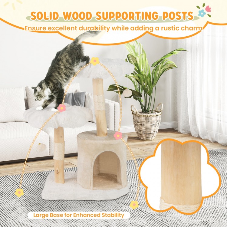 Cute Solid Wood Cat Tree Natural Branch Modern Flower Cat Tower with Sisal Scratching Posts