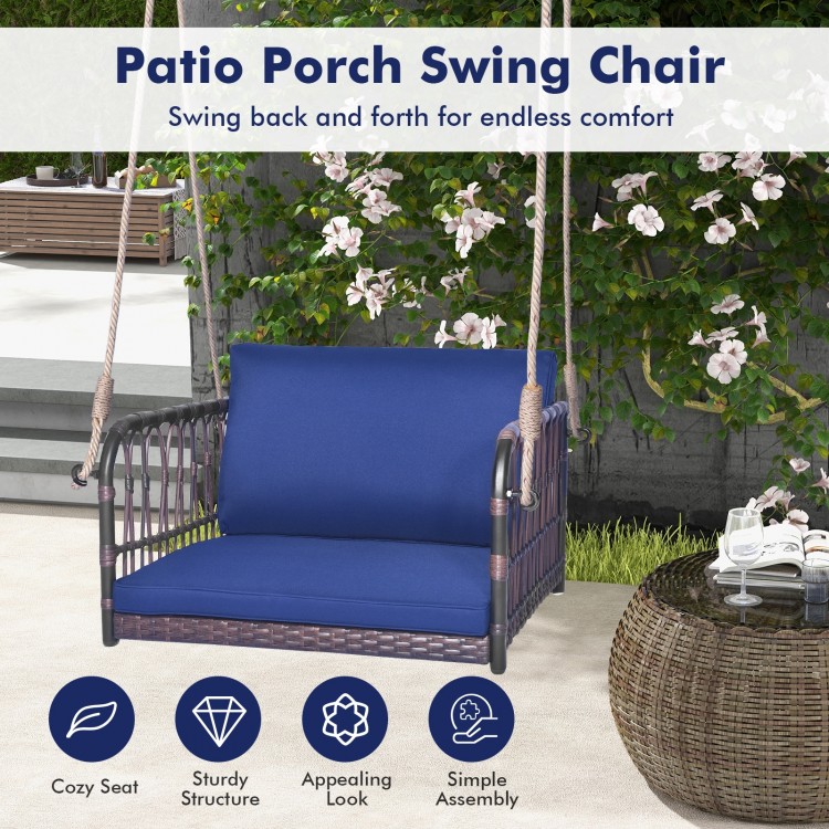 Patio Rattan Single Person Hanging Swing with Seat and Back Cushions