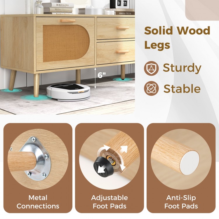 Rattan TV Stand for 65-Inch TV with Drawers and Solid Wood Legs