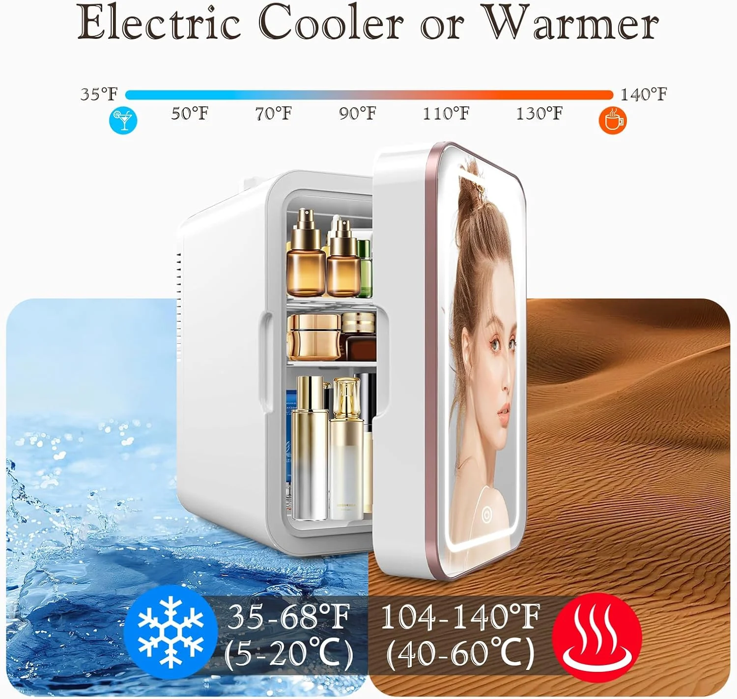 Skincare Fridge, 6L/10 Can Mini Fridge for Bedroom with Dimmable LED Mirror, Portable Cooler & Warmer Small Compact Refrigerator for Skincare, Cosmetics, Bedroom and Office, White