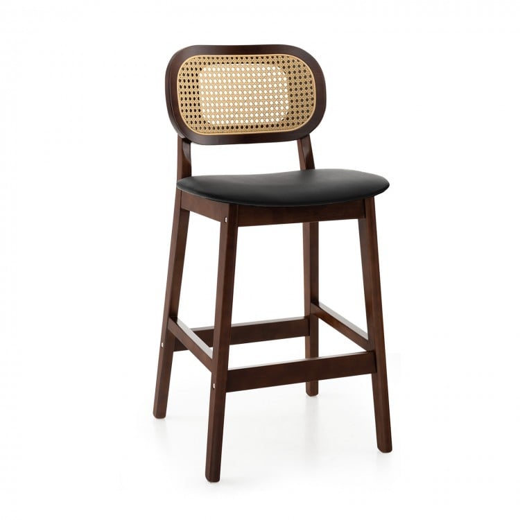 Wood Bar Chairs with PE Rattan Backrest Padded Seat and Footrest
