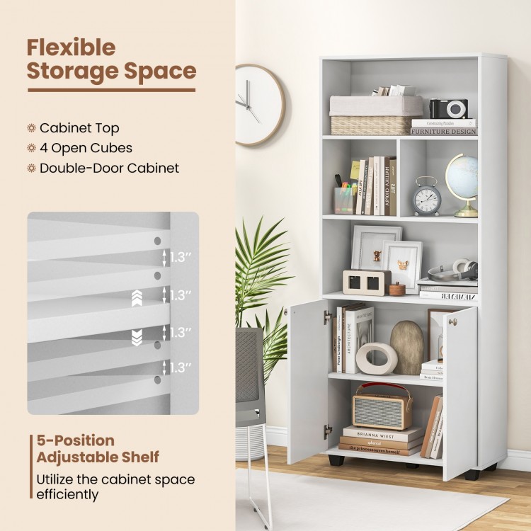 66 Inch Tall Double-Door Bookcase with Adjustable Shelf and Storage Cubes