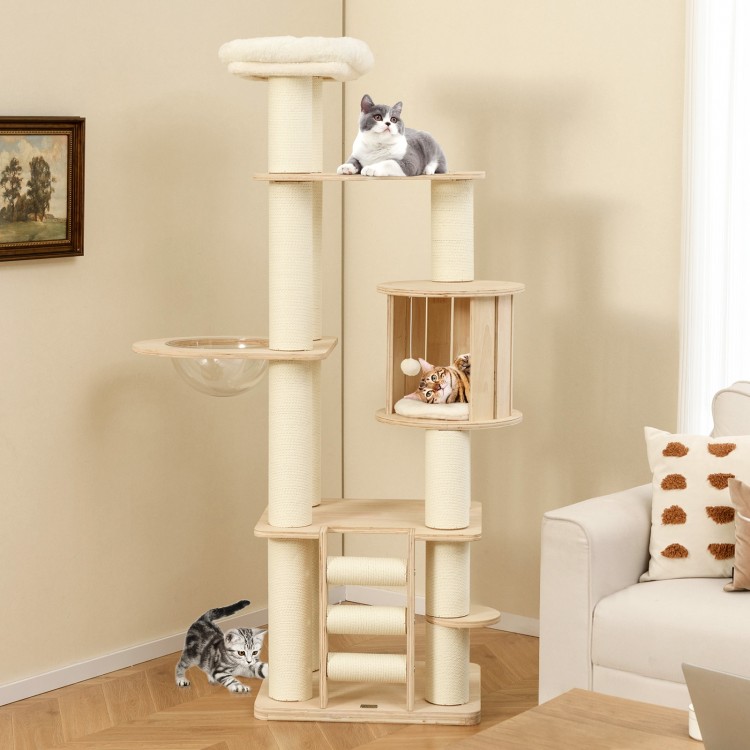 71 Inch Tall Cat Tree Wooden Cat Tower with Cozy Perch Condo Space Capsule