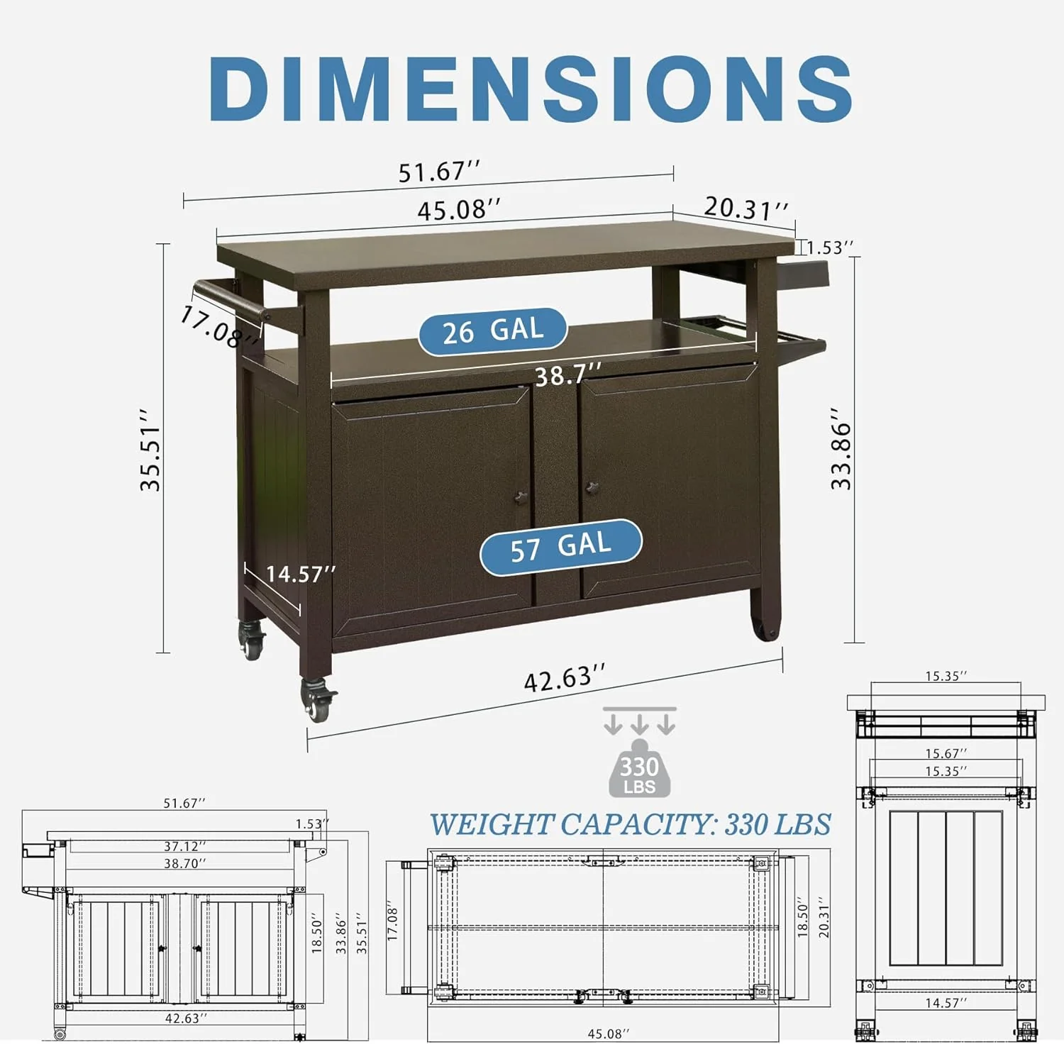 Heavy Duty Galvanized Steel Outdoor Storage Cabinet with Wheels – XL BBQ Grill Table, 57 Gallon Capacity, Brown & Grey