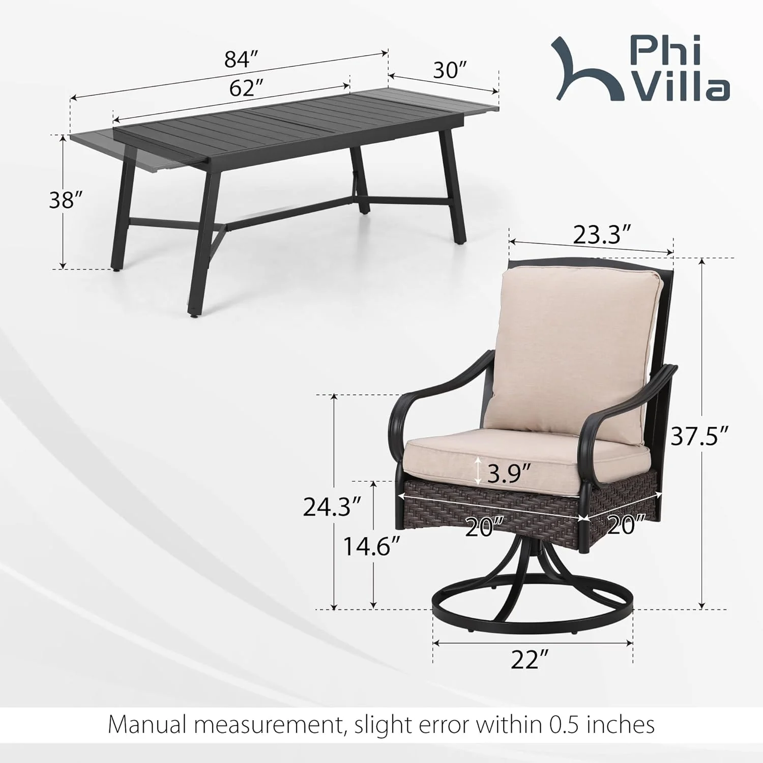 PHI VILLA 6-Piece Outdoor Dining Sets, All-Weather Patio Table and Chairs Set with Umbrella for 4, Heavy Duty Patio Round Table Set for Deck, 4 Extra Large Outdoor Swivel Chairs with Thick Cushions