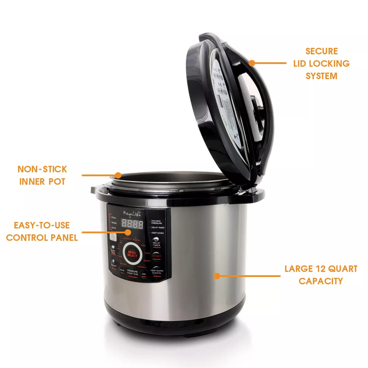 Megachef 12Qt Digital Pressure Cooker, Steel & Glass, 15 Presets, Non-Stick Pot