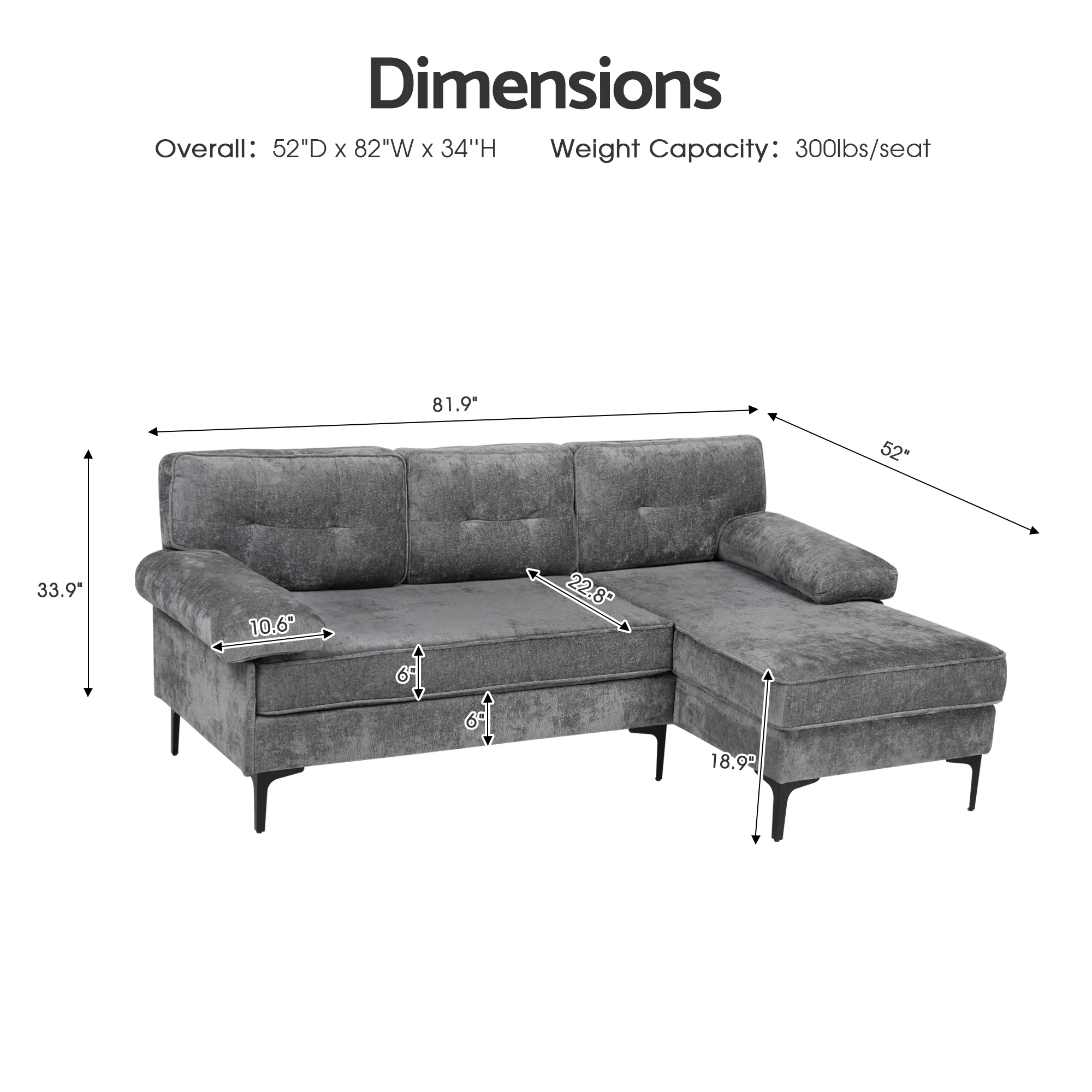 Sofa 3 Seaters Sofa L Shape Grey