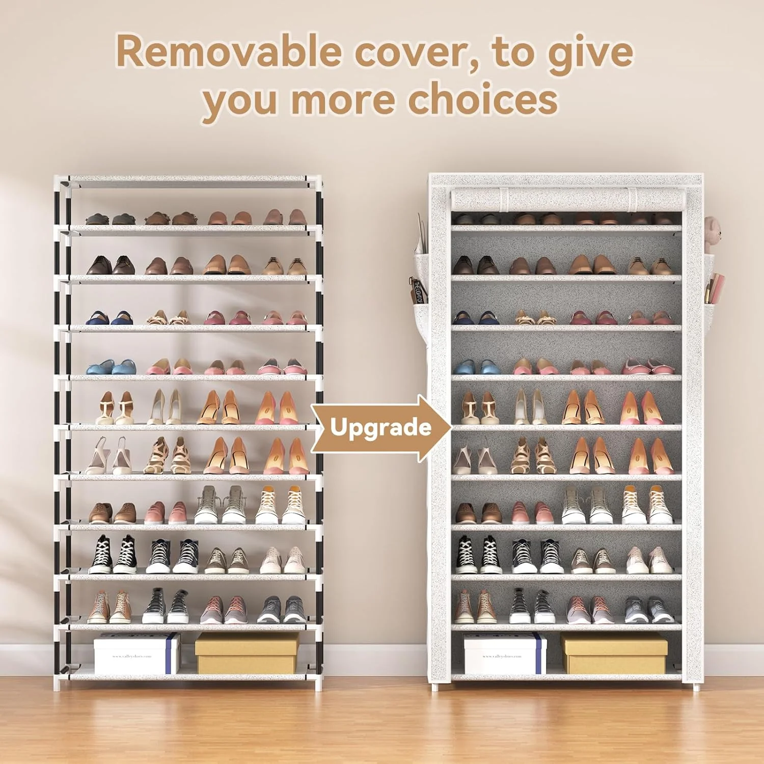 ROJASOP 10 Tier Shoe Rack with Covers,Large Capacity Stackable Tall Shoe Shelf Storage to 50-55 Pairs Shoes and Boots Sturdy Metal Free Standing Shoe Rack Organizer for Closet Entryway Garage
