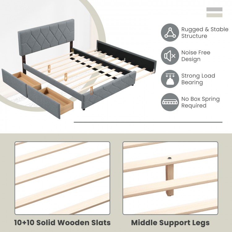 Queen Upholstered Platform Bed with Trundle and 2 Drawers No Box Spring Needed Noise Free