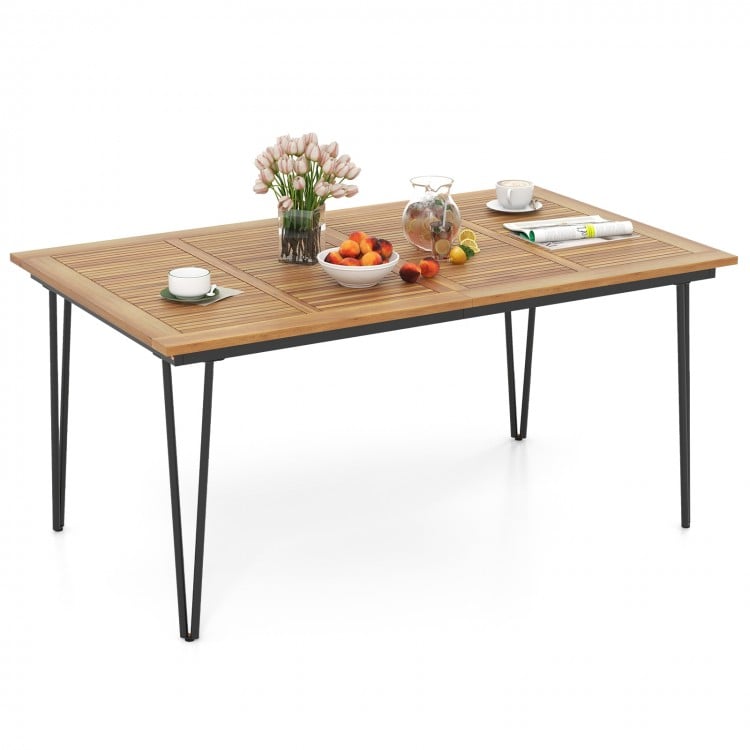 63/86.5 Inch Rectangular Outdoor Dining Table with Acacia Wood Tabletop and Umbrella Hole