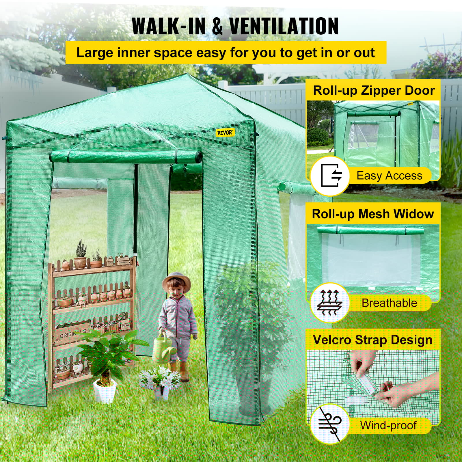 VEVOR 8x6ft Portable Pop-up Walk-in Greenhouse, Waterproof & UV Resistant, with Roll-Up Door & Windows for Gardening
