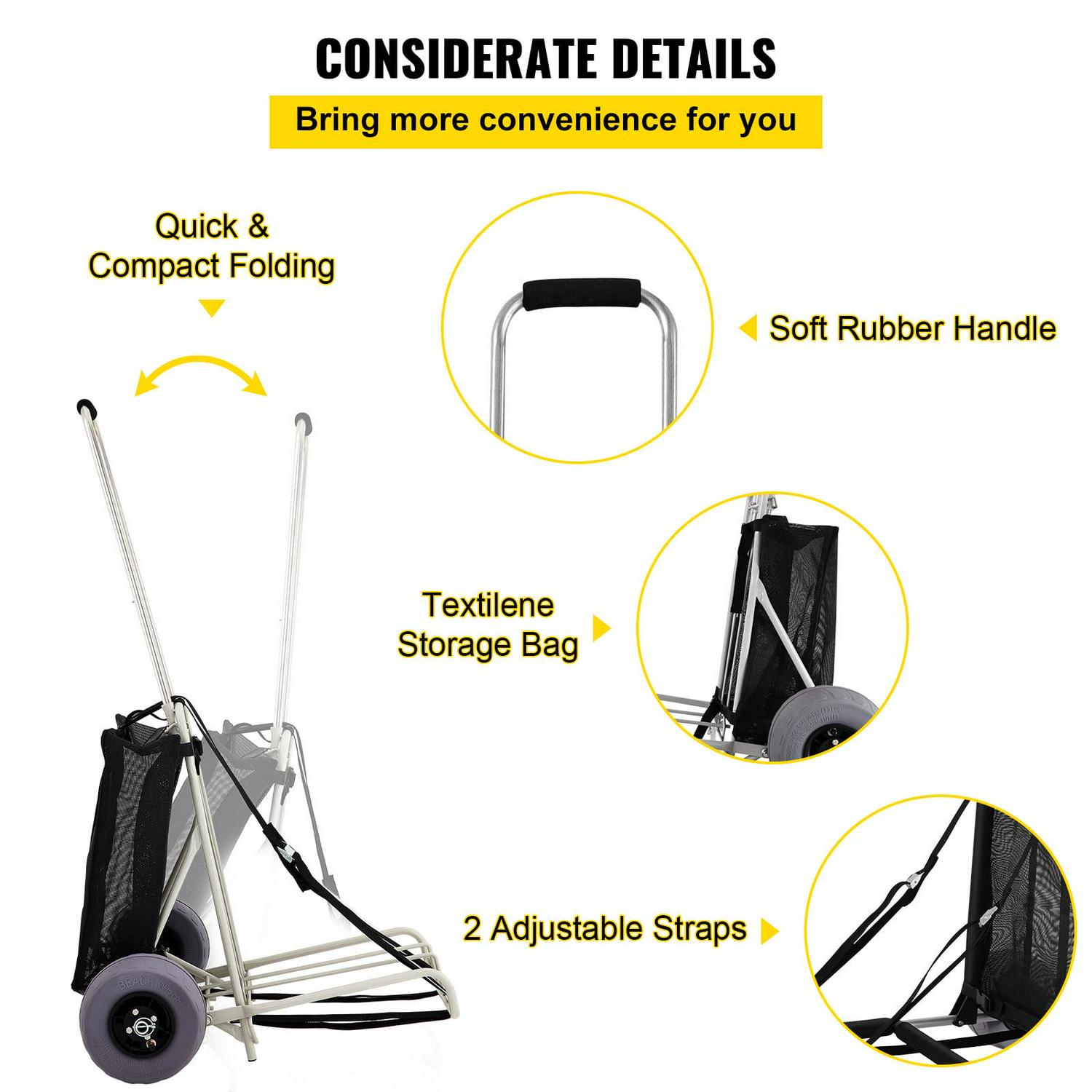 VEVOR Beach Cart for Sand, 165 lbs Capacity, 10′′ PVC Wheels, Adjustable Height, Heavy Duty Folding Cart