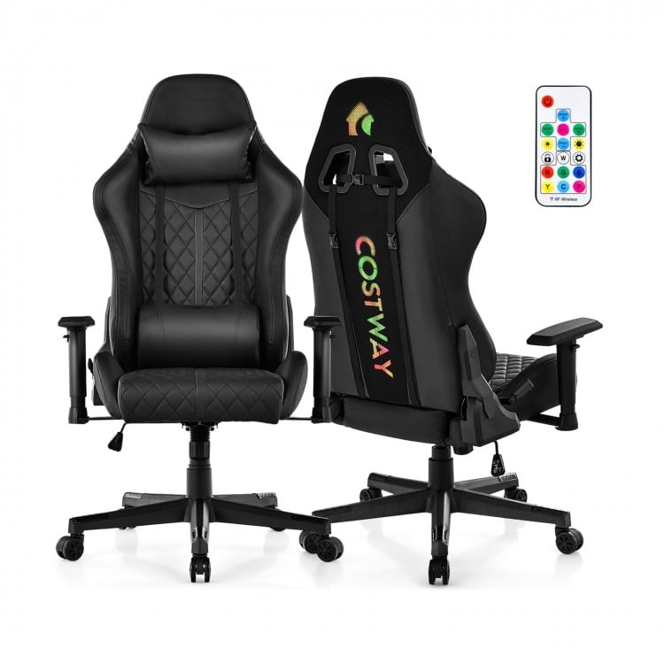 Adjustable 360° Swivel PU Gaming Chair with RGB LED Lights and Nylon Base