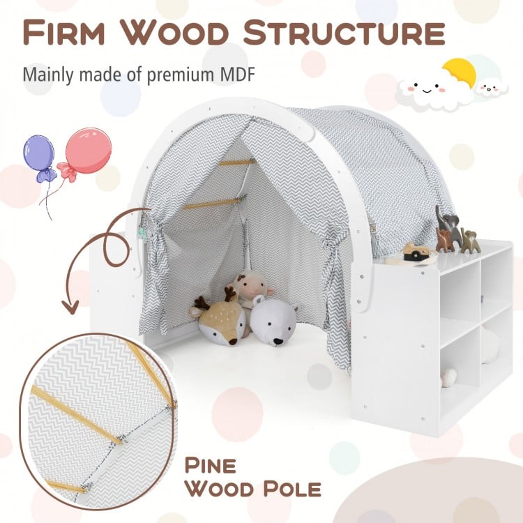 Wooden Kids Play Tent with Curtain Shades and 8 Cubbies