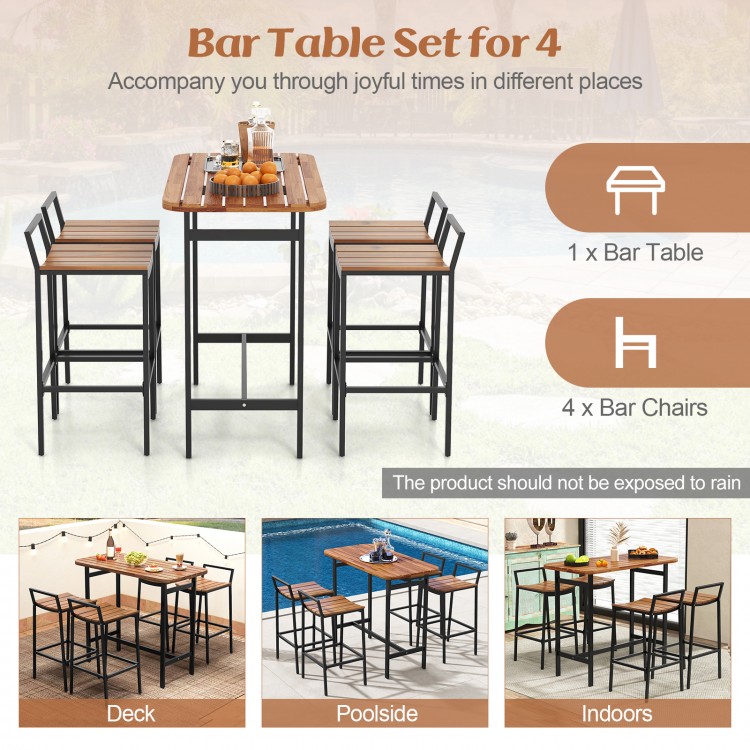 5 Piece Acacia Wood Bar Table Set Bar Height Table and Chairs with Metal Frame and Footrest