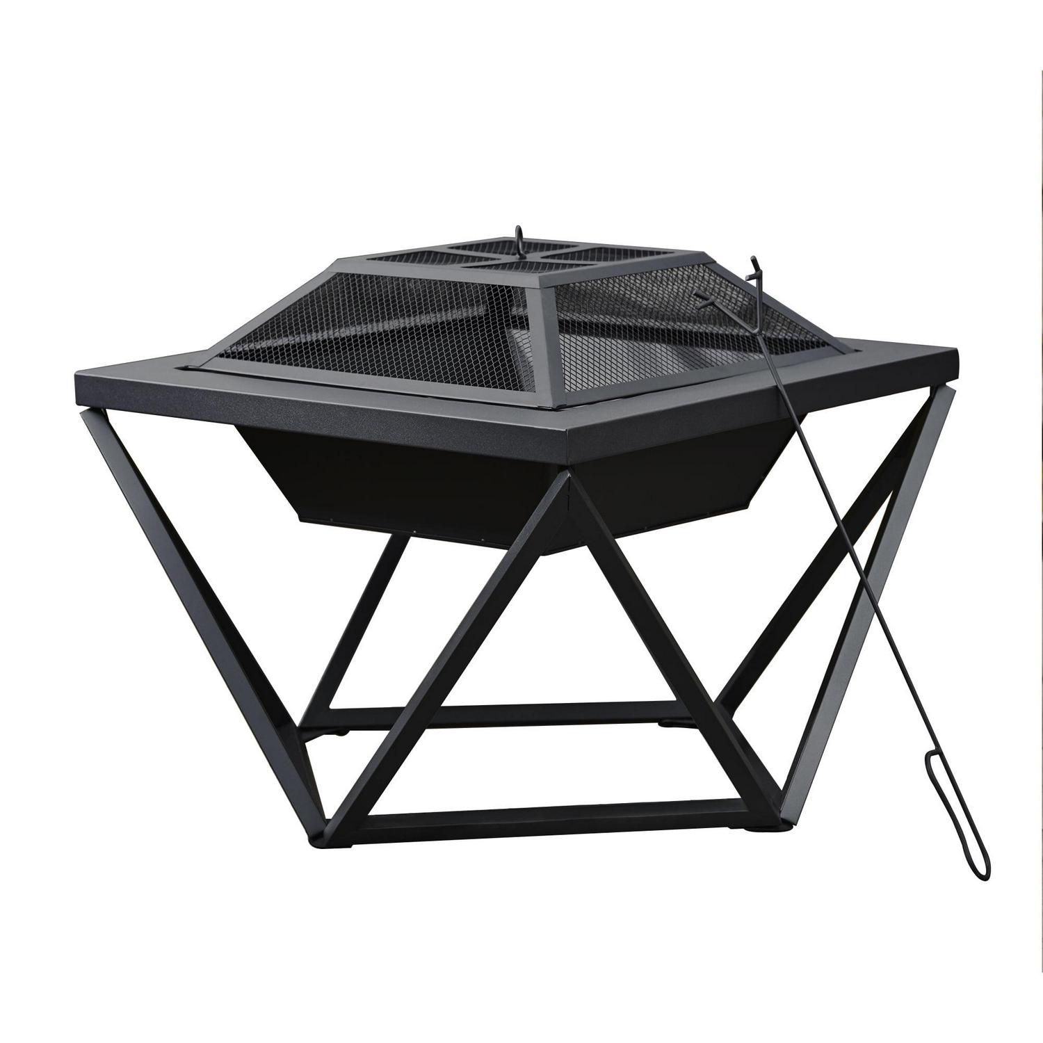 Teamson Home 24′′ Wood Burning Fire Pit, Square Design with Geometric Base, Black, Outdoor Use