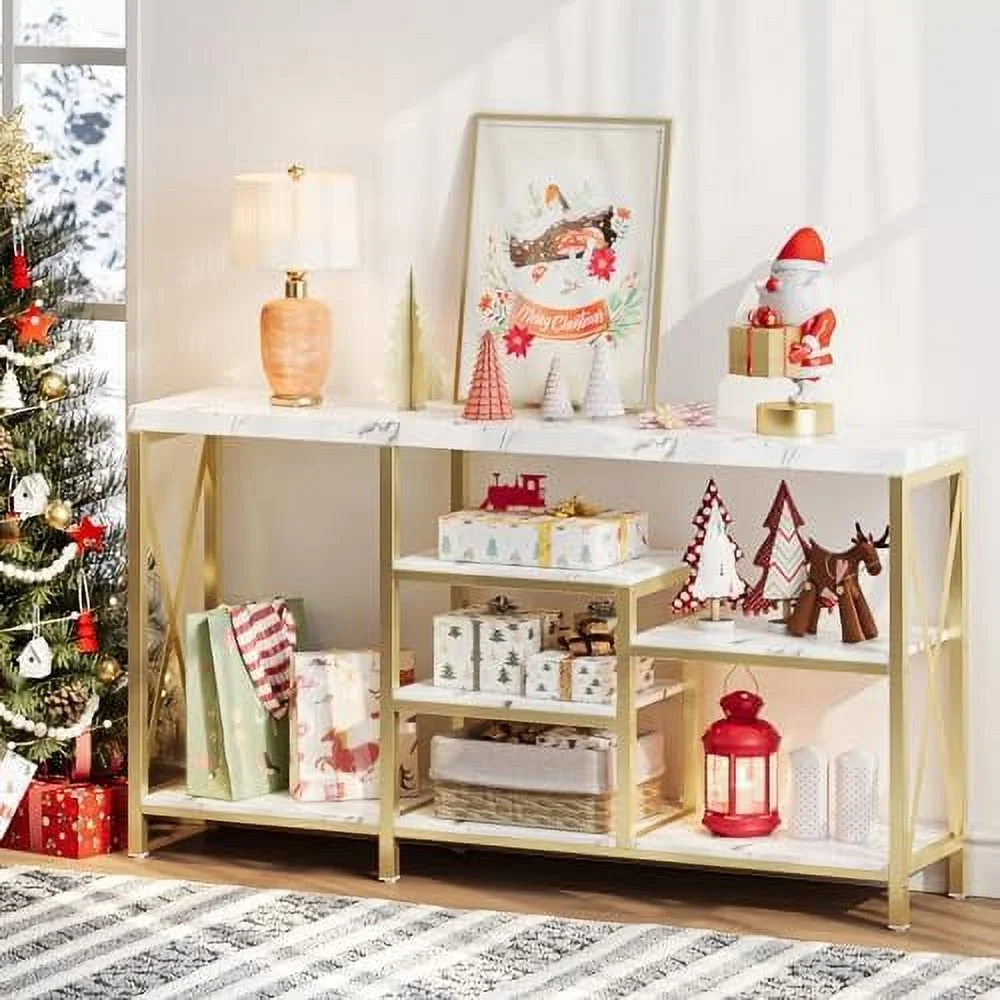 WTYNKAE 55′′ Dark Brown Entryway Console Table with Shelves – Farmhouse Style for Living Room