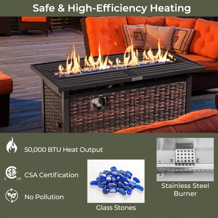 45 Inch Propane Rattan Firepit Table with Glass Stones and Protective Cover