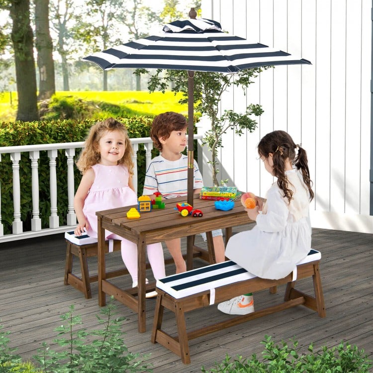 Kids Picnic Table and Chairs with Cushions and Height Adjustable Umbrella