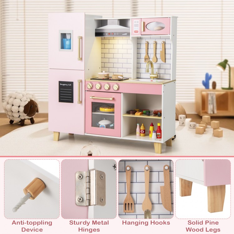 Wooden Pretend Play Kitchen with Ice Maker Range Hood and Blackboard