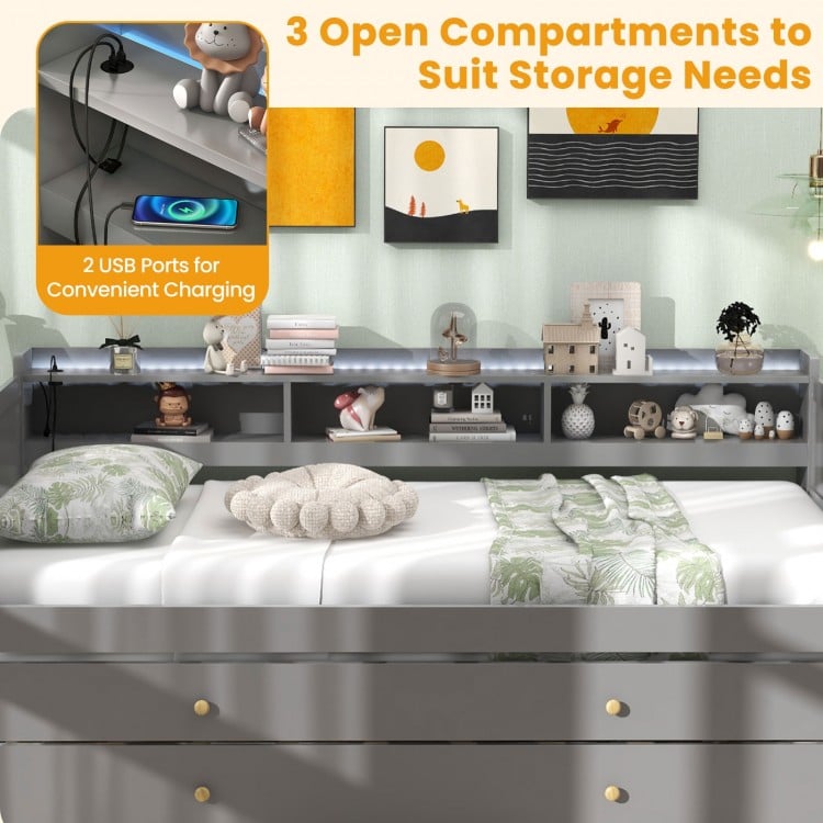 Twin XL Captain Bed with 2 Twin Trundle Beds and 3 Storage Cubbies