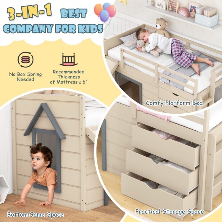 3-In-1 Twin Loft Bed with Slide Ladder Drawers for Kids Teens