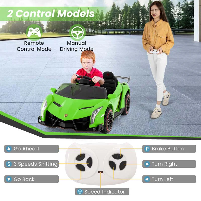 Lamborghini Licensed Kids Ride On 4WD Sports Car, 12V Battery Electric Vehicle Toy with Remote Control, 3 Speeds, Hydraulic Doors
