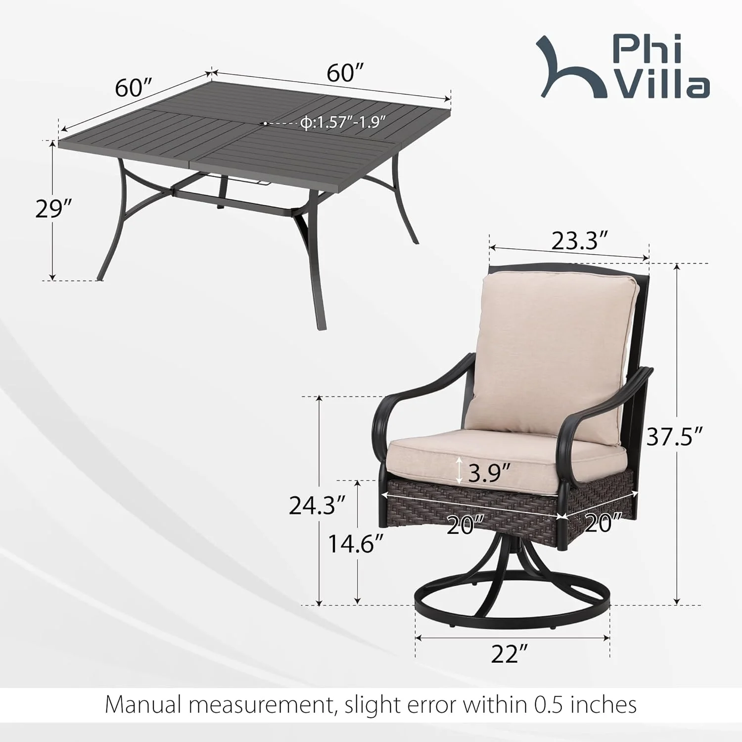 PHI VILLA 6-Piece Outdoor Dining Sets, All-Weather Patio Table and Chairs Set with Umbrella for 4, Heavy Duty Patio Round Table Set for Deck, 4 Extra Large Outdoor Swivel Chairs with Thick Cushions